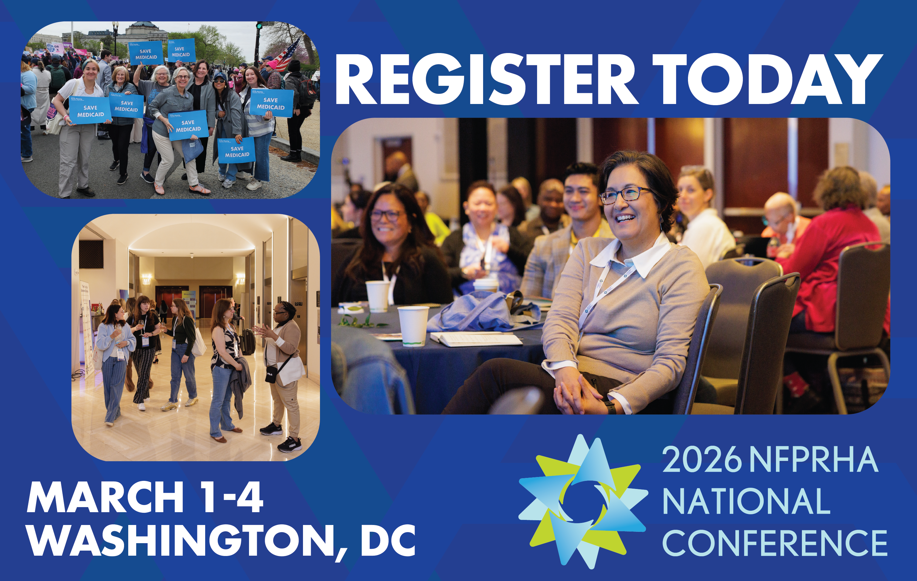 "Register Today March 1-4 Washington DC 2026 NFPRHA National Conference" on a dark blue background with three conference attendee photos