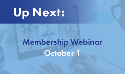 Up Next: Membership Webinar October 1, an image of a woman typing during a virtual webinar on a laptop
